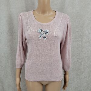 Stepping Stones Vintage Light Pink Silk Angora Blend Pearl Sequin Bow on Front